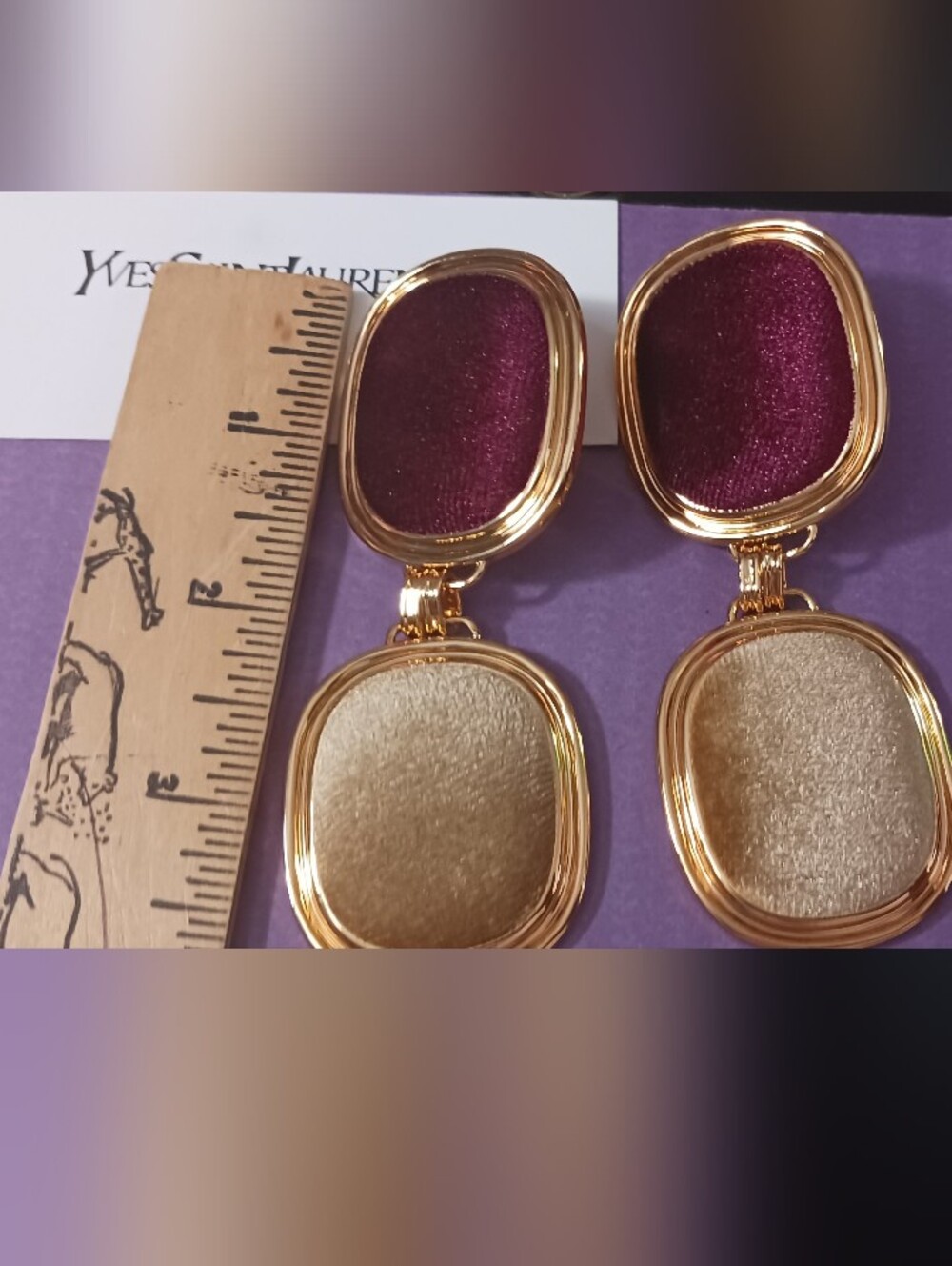 YSL Gold-Plated Double Oval Velvet Inlay Earrings - Burgundy & Champagne PARIS